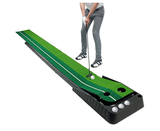 2.5M Golf Putting Mat Auto Return Trainer Golf Putting Trainer Green Mat Golf Training Practice Equipment Dual Track for Indoor Outdoor 3 Holes 2 Size